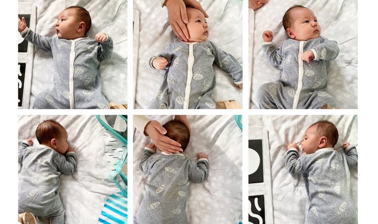 6 positions with a baby's head being rotated by a woman's hand